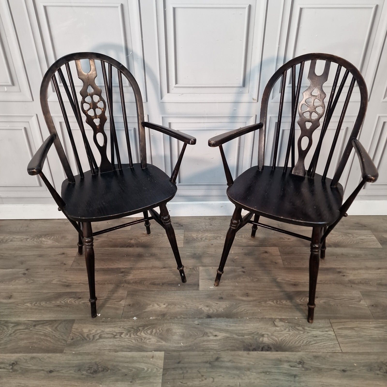 Pair Vintage Windsor Armchairs   Wheelback Hoop Back Chairs   Retro Mid Century photo furniture