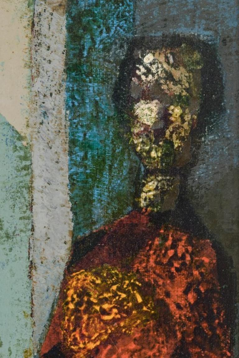 Sven Harald Ahlgren. Olieverf op paneel. Figuratieve compositie "Damen Och Blomman". photo for sale