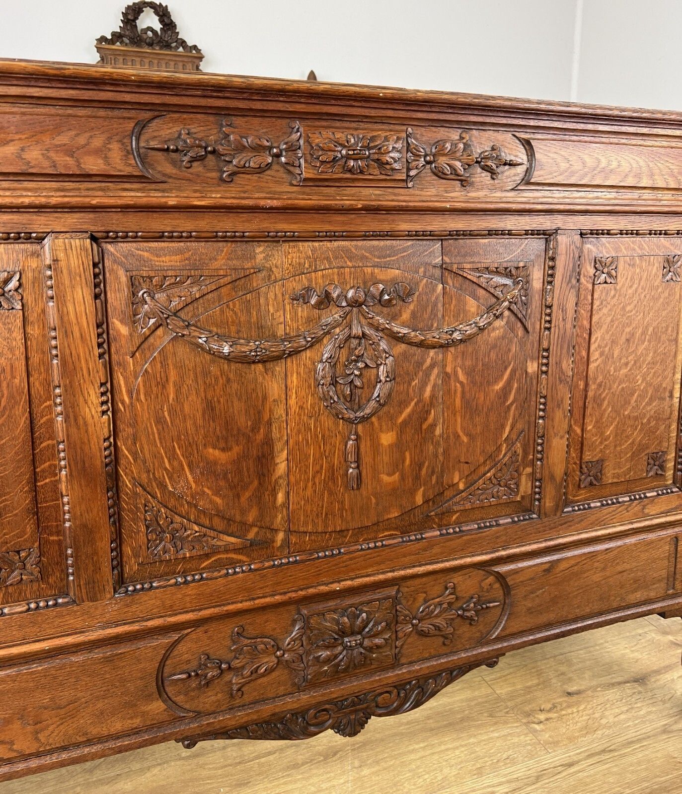 photo for sale Bed Antique French Style Oak Double Bed Frame Carved Headboard Lot 6151