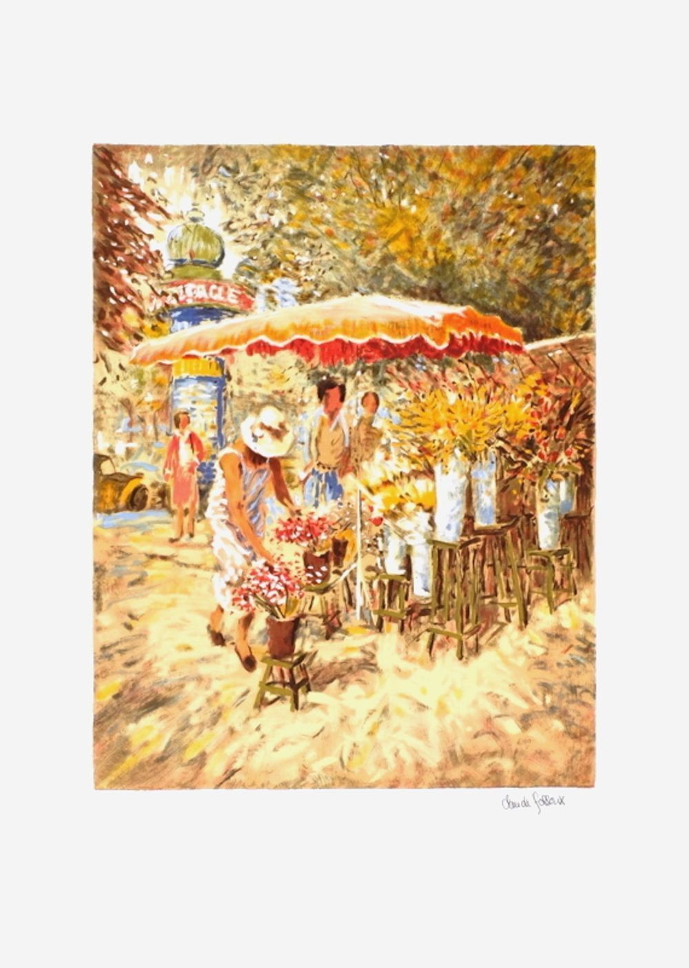 Lithographie signée Claude Fossoux, Paris, Le Marché aux Fleurs, 1990