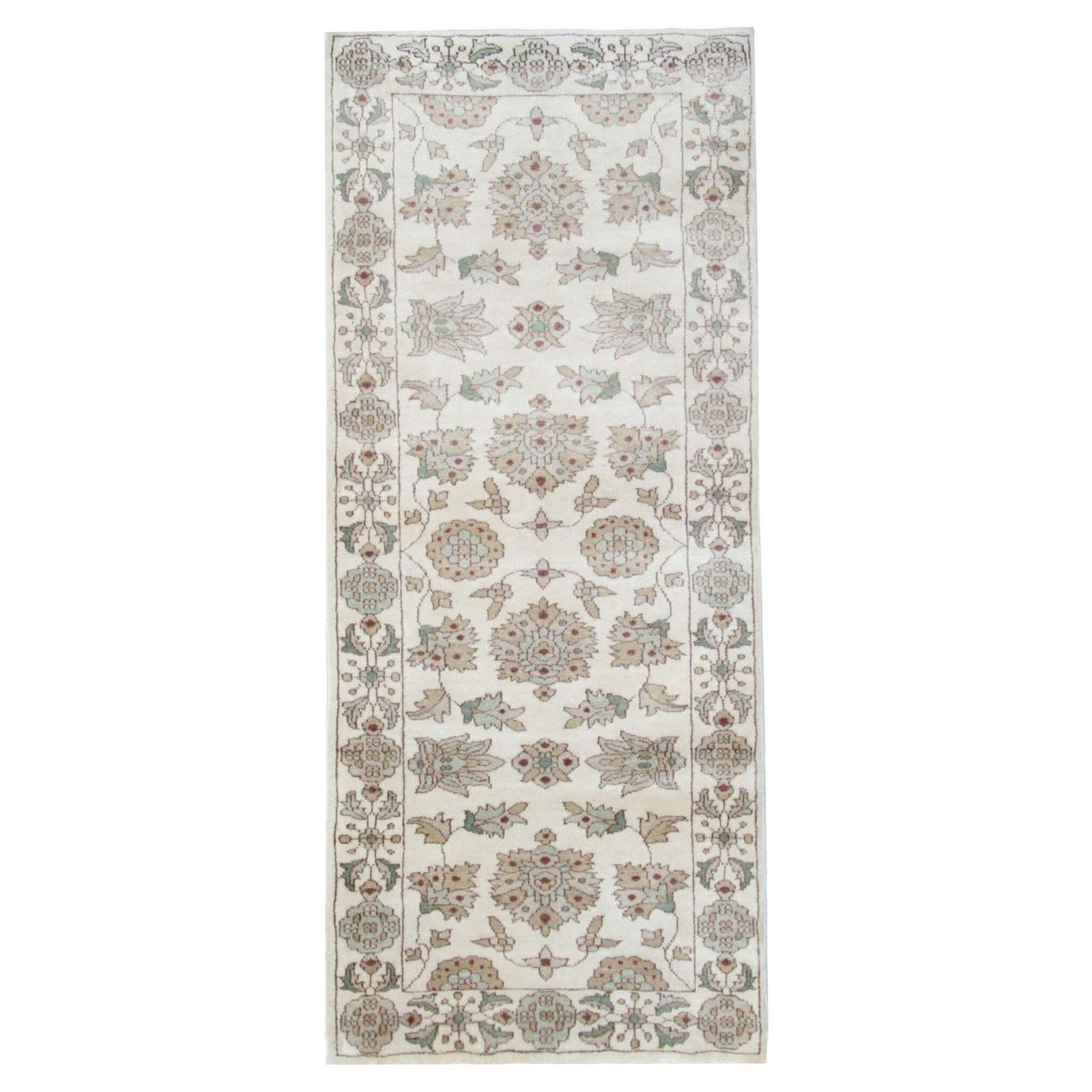 Tapis de couloir vintage beige, laine florale brun café, Zeigler.
