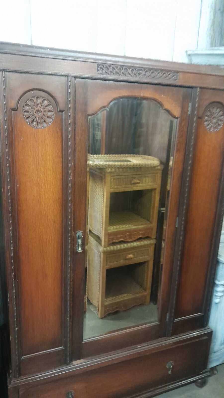 Antique Solid Carved Oak Single Mirror Door Freestanding Wardrobe With Drawer photo for sale