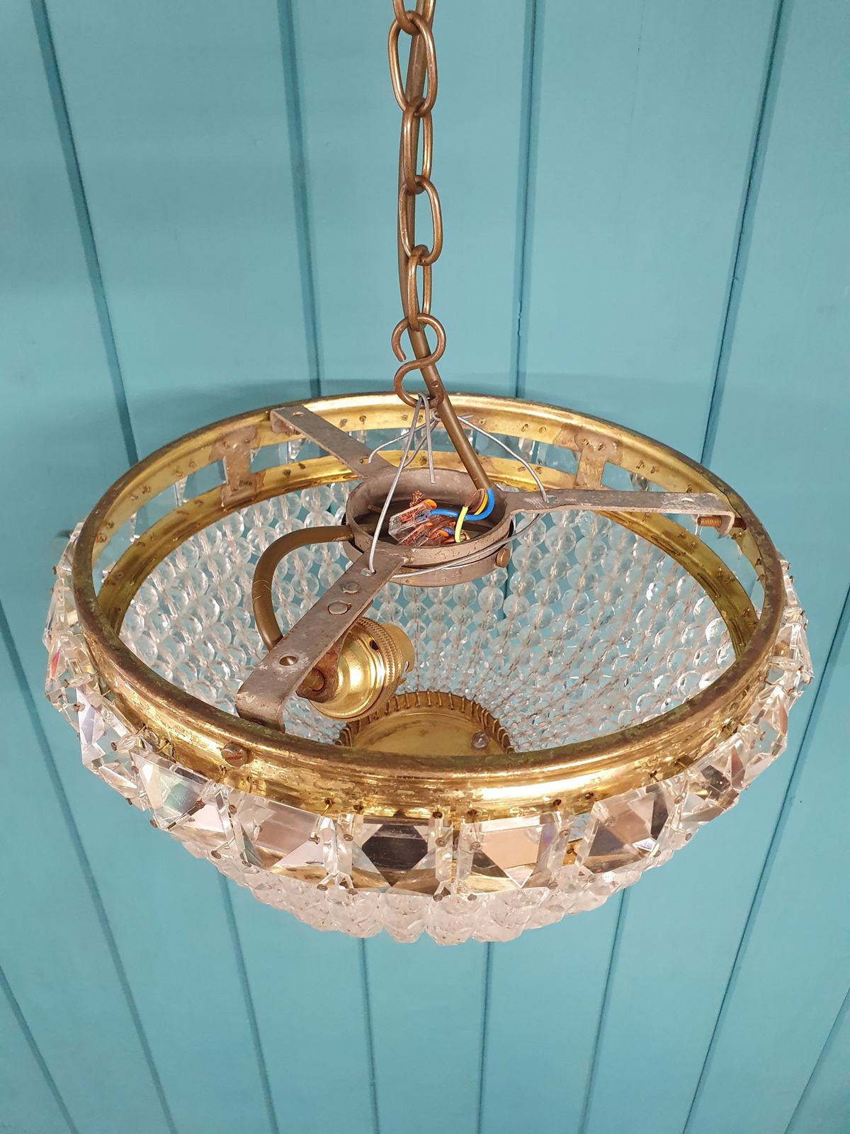 Early 20th Century Brass & Cut Glass Tapered Bag Chandelier 8". photo buy