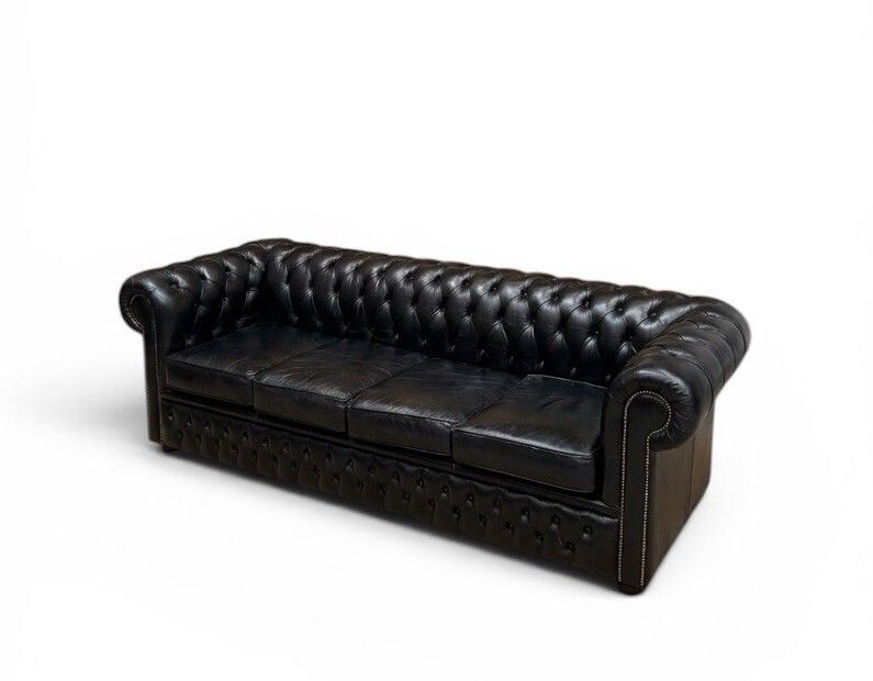 Vintage Black Leather Chesterfield Sofa Bed Sofa Four Seater Superior Quality photo vintage