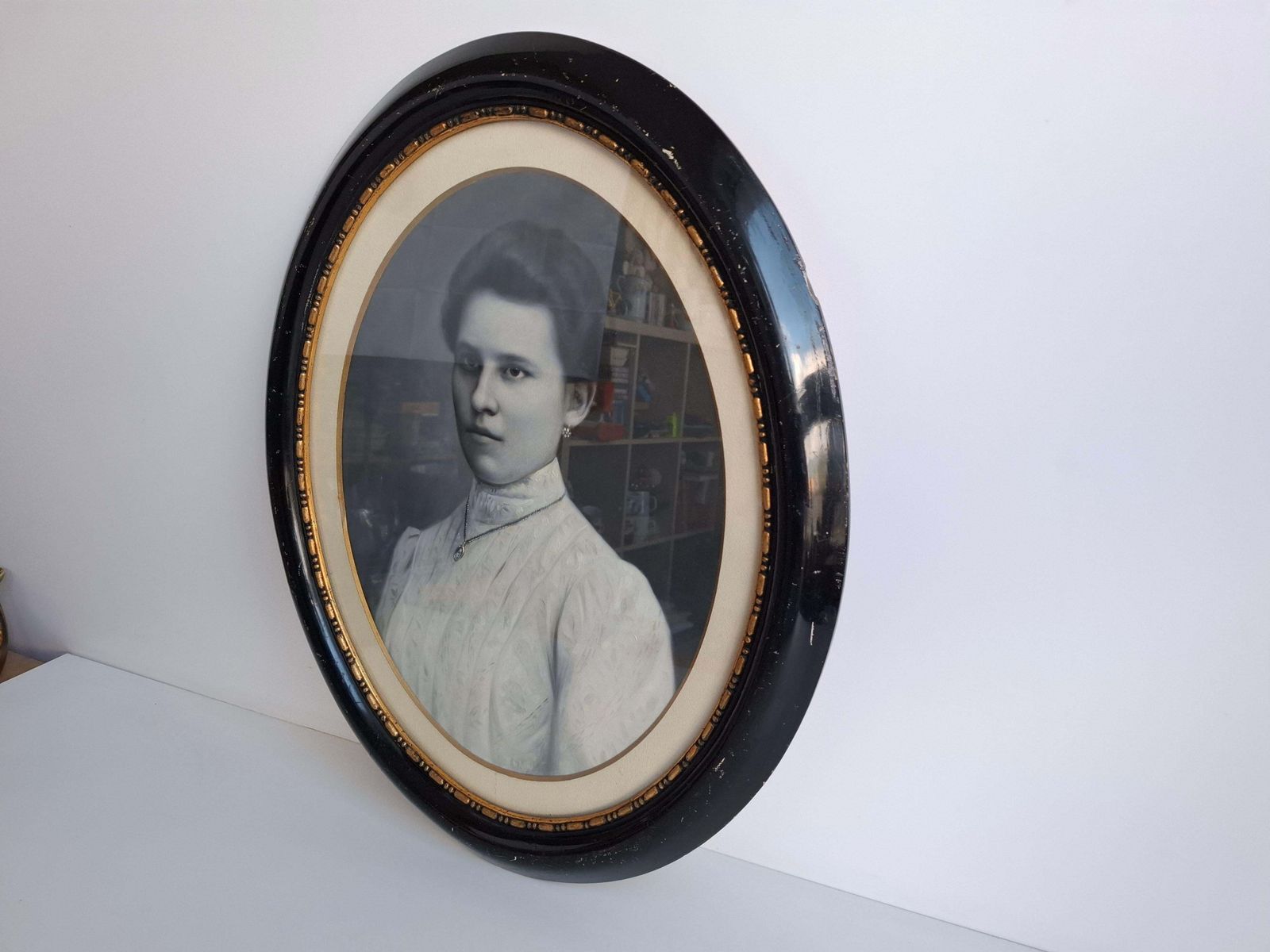 photo buy Antique Czech Oval Portrait Of Young Woman In Original Black And Gilt Frame