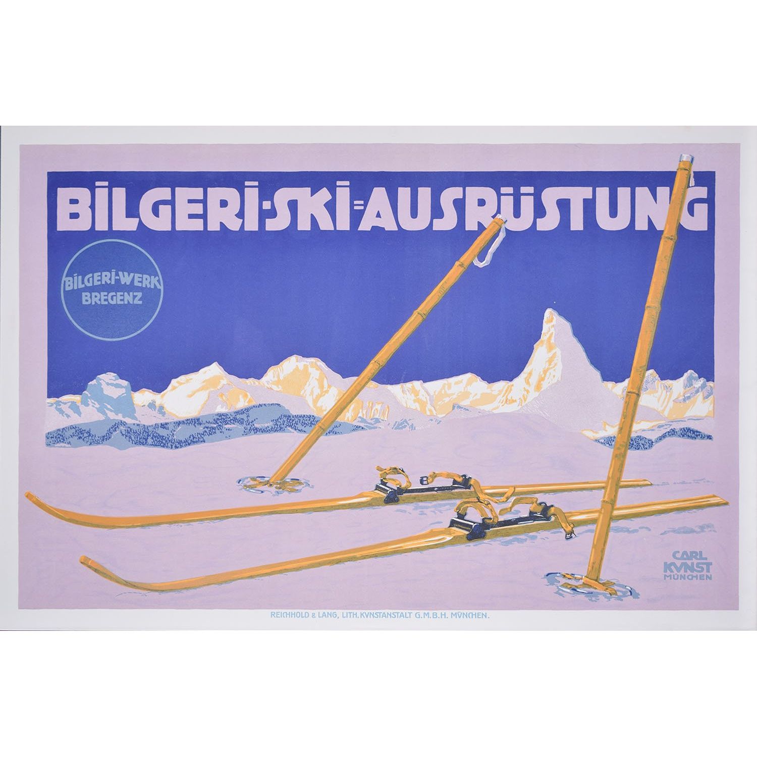 Original Vintage Poster Bilgeri Ski Austrüstung Carl Kunst C. 1910 Skiing Matterhorn Bregenz