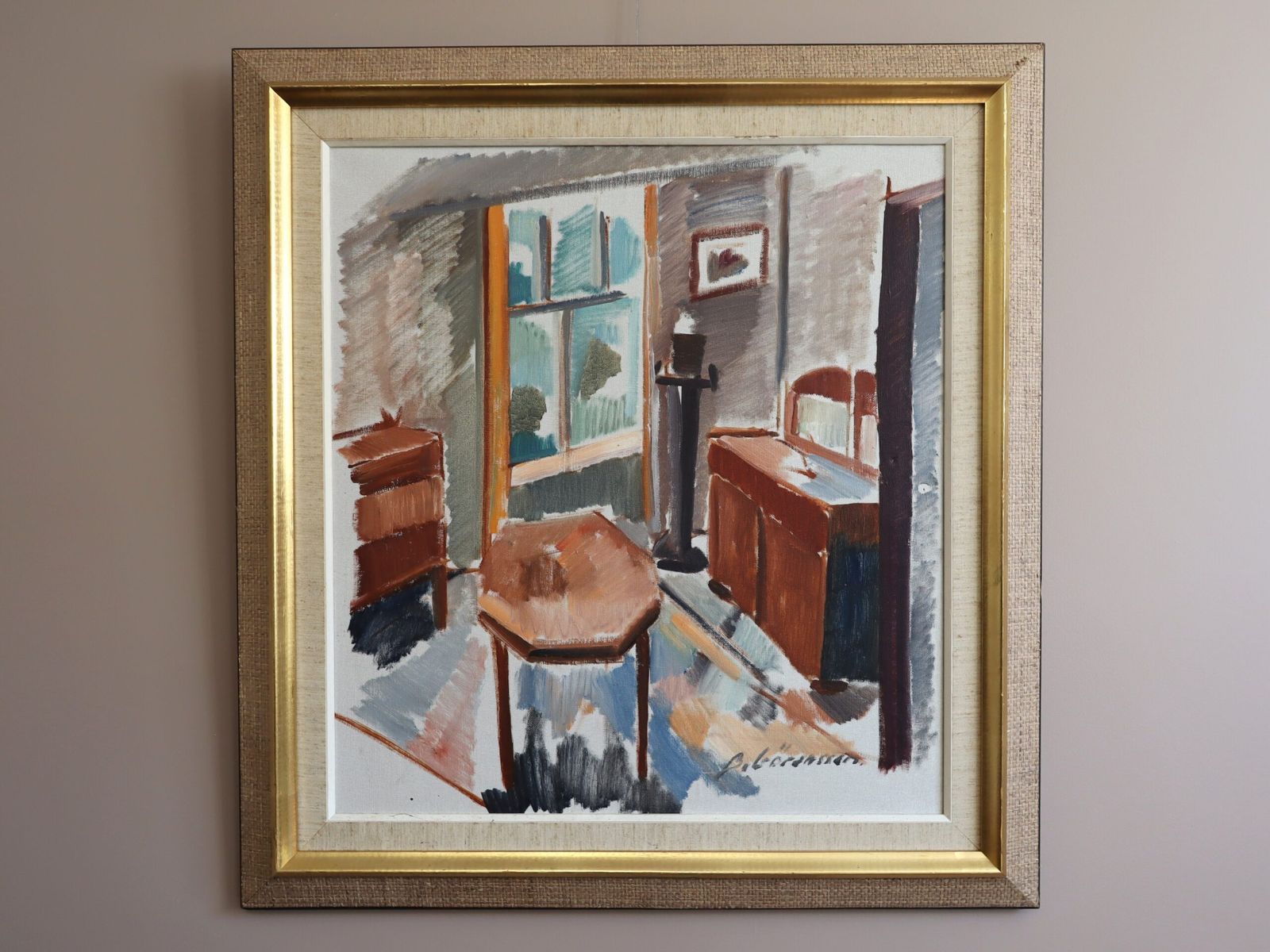 Schilderij van een zonnige salon, midden 20e eeuw