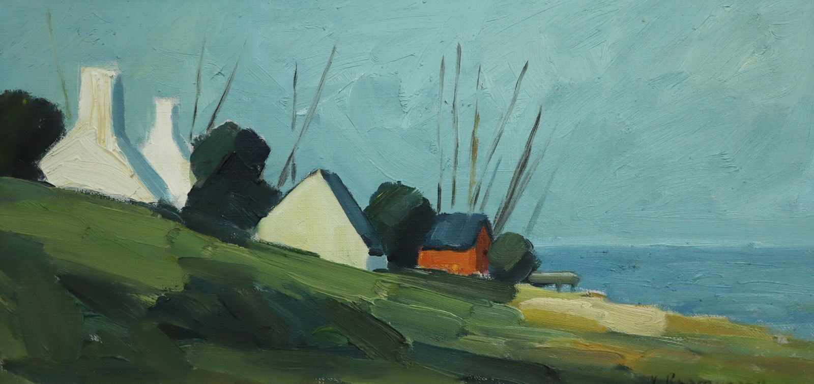 Red Cabin By The Shore Oil On Canvas. photo for sale