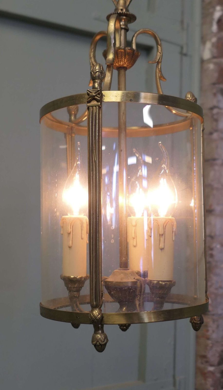 Superb Quality Round Art Deco Brass And Glass Lantern This Lovely Light. photo for sale
