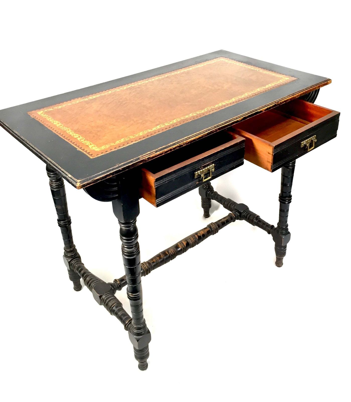 Antique Ebonised Mahogany Wooden Writing Desk With Leather Aesthetic Movement. photo vintage
