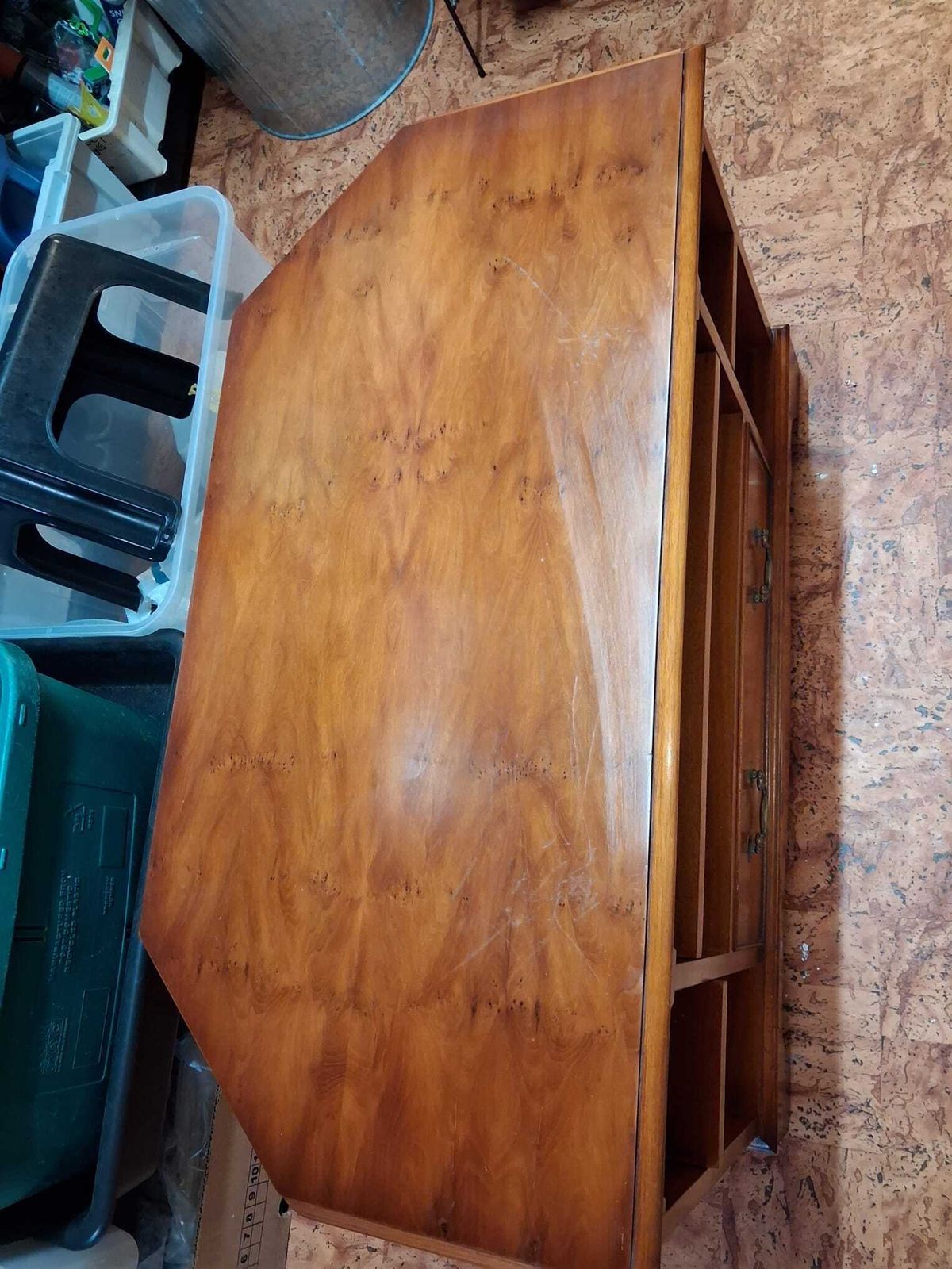 Reproduction Yew Veneer Wood Tv Media Stand 1 Drawer Open Sections Canted photo furniture