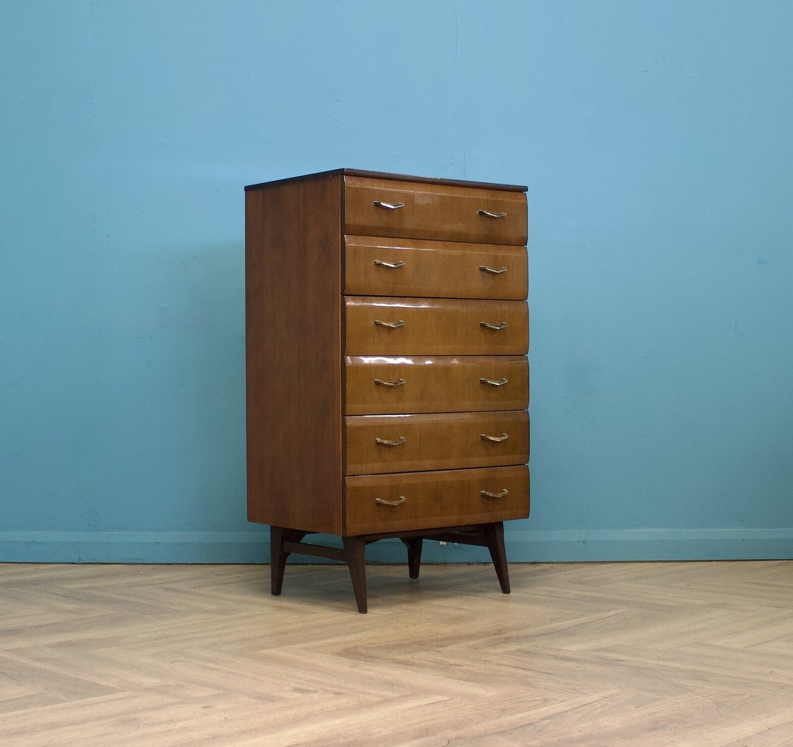 Mid Century Walnut Tallboy Chest Of Drawers From Meredew, 1960s #1796