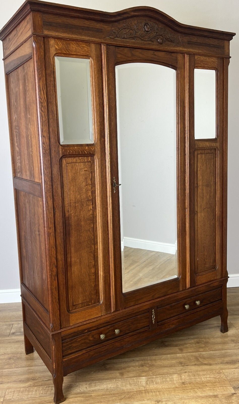 Wardrobe Antique French Oak Two Door Mirrored Carved Armoire Cabinet Lot 6144 photo for sale