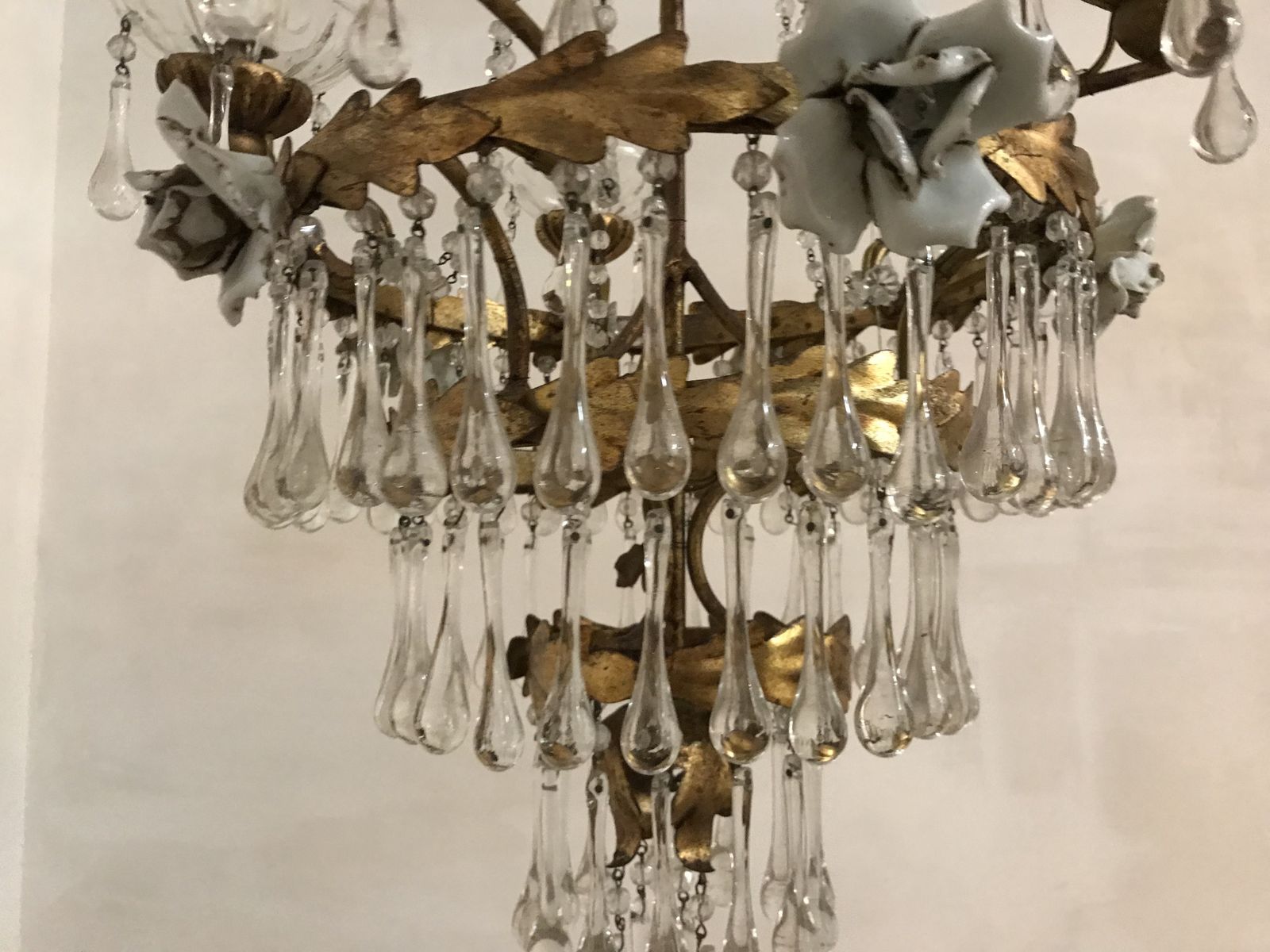 Antique Gold Gilded Murano Glass Pendant Chandelier With Porcelain Roses photo for sale