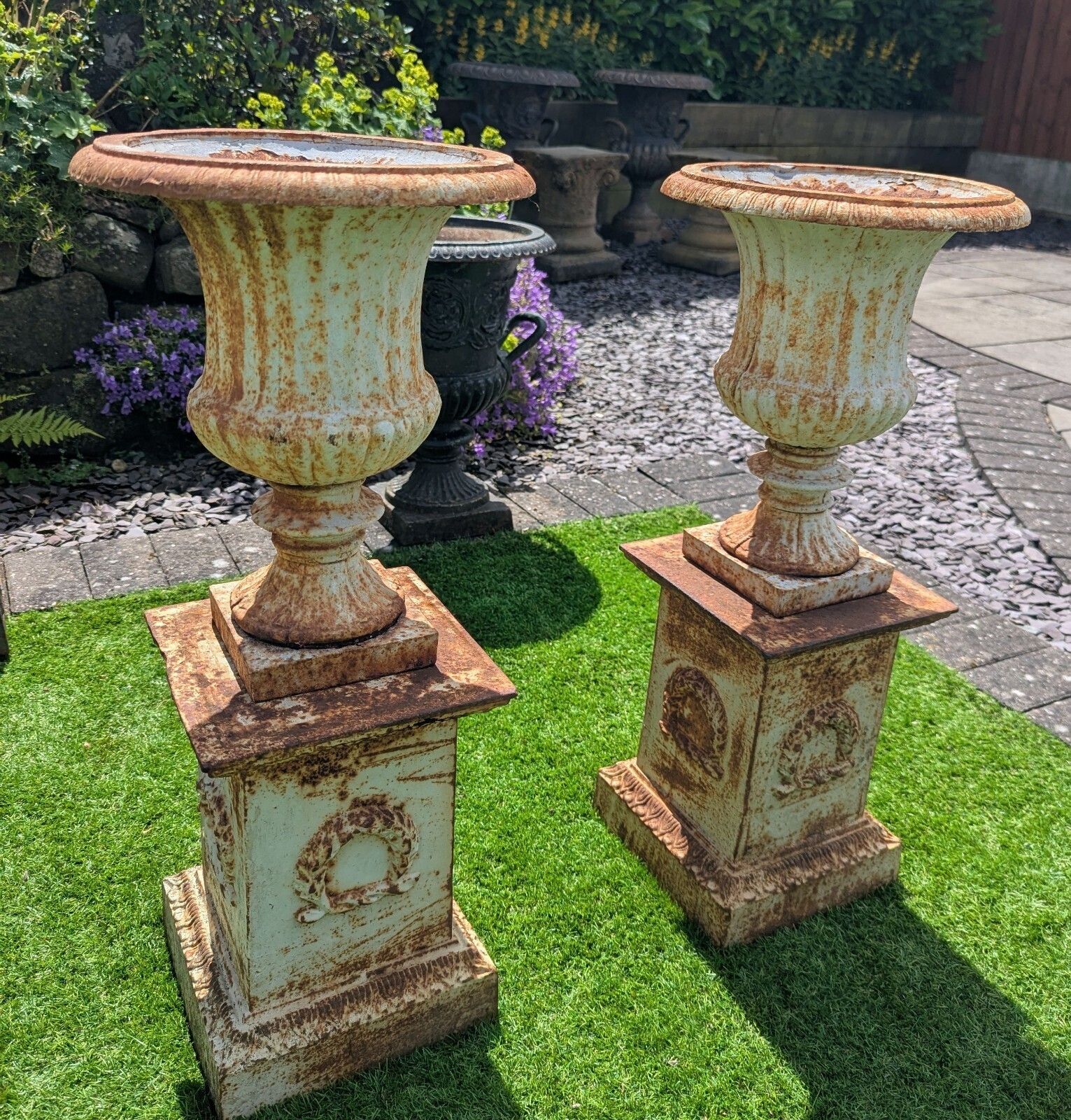 Vintage 20th Century Small Cast Iron Campana Urns photo Garden Decor