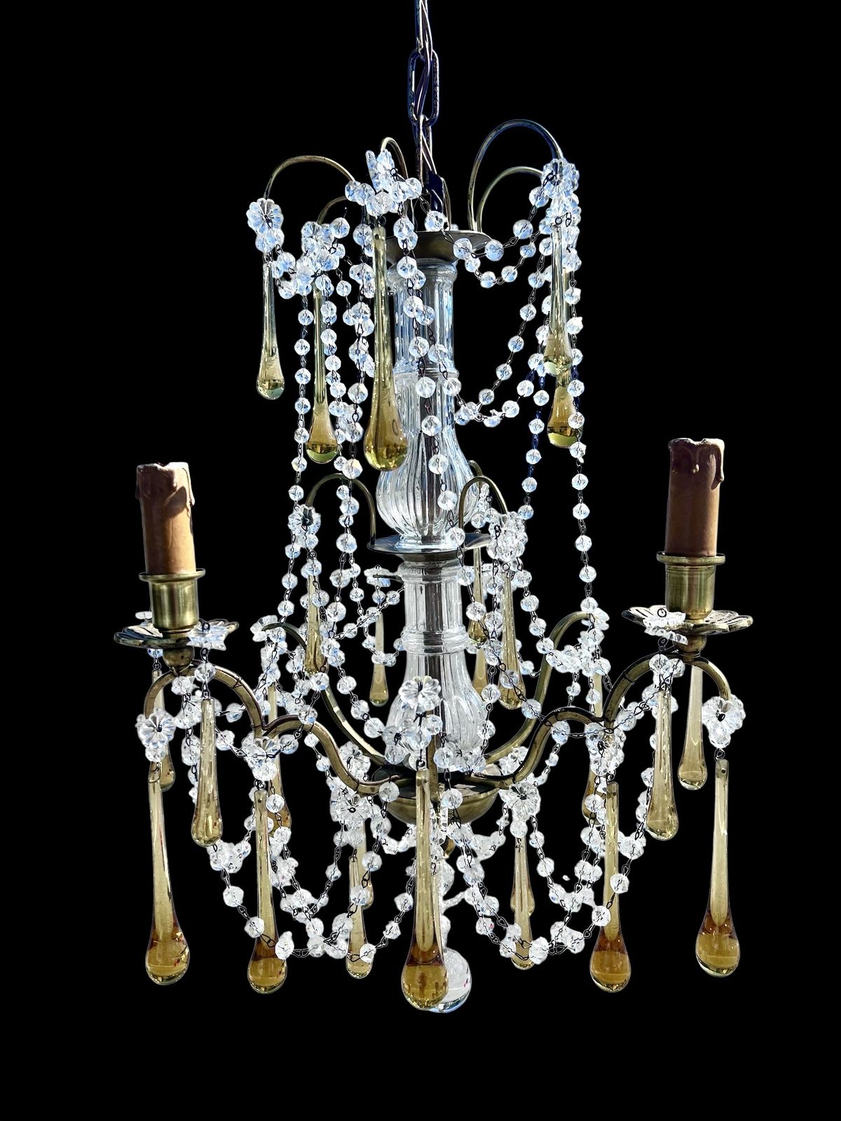 A Three Light Italian Antique Chandelier With Coloured Crystals