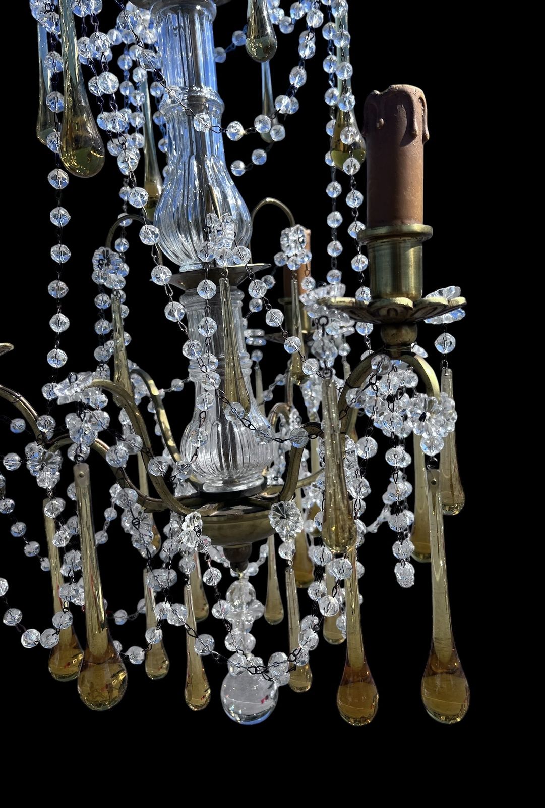 A Three Light Italian Antique Chandelier With Coloured Crystals photo for sale