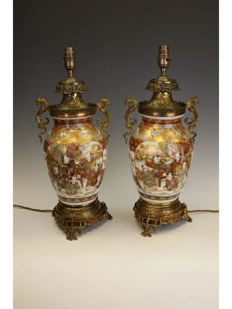 Pair Of Large 19th Century Japanese Satsuma Table Lamps – Grand Gilt Bronze Ormolu Mounts photo 1750.0