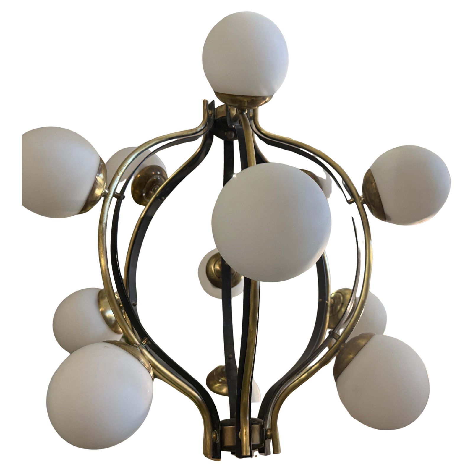 1950s Mid  Century Modern Brass And White Glass 12 Lights Chandelier By Stilnovo photo Lighting