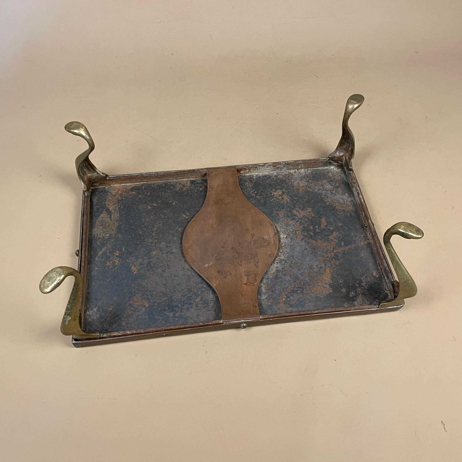photo for sale Antique Copper Trivet Rectangular Brass Legs Pot Stand Cottage Farmhouse Kitchen Decor Rustic Display