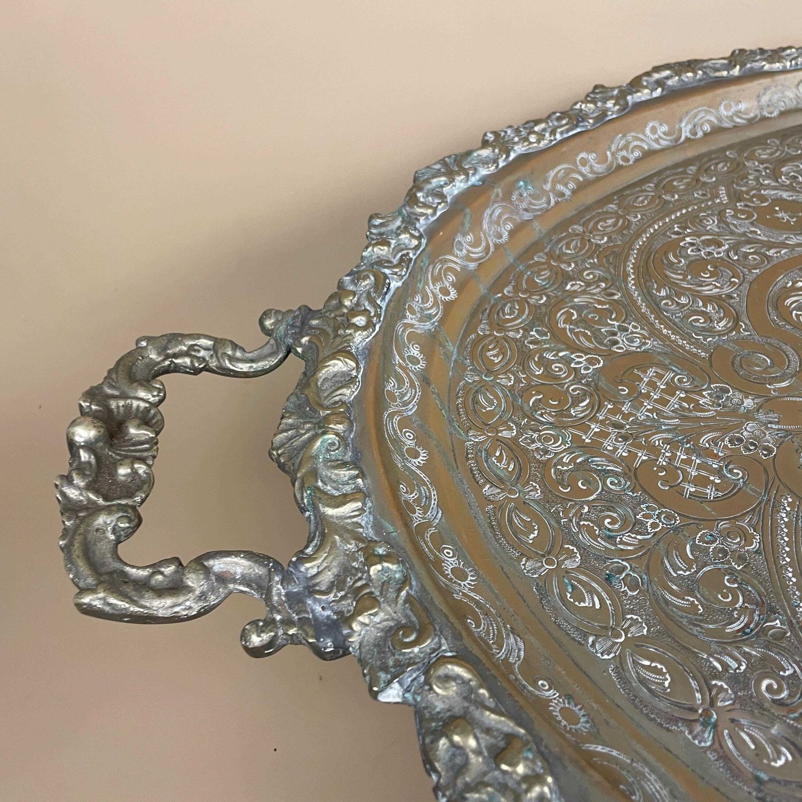 Large Ornate Serving Tray Footed Silverplate Butler Tea Platter With Handles Antique Hollywood Regency Centerpiece Home Decor photo vinterior