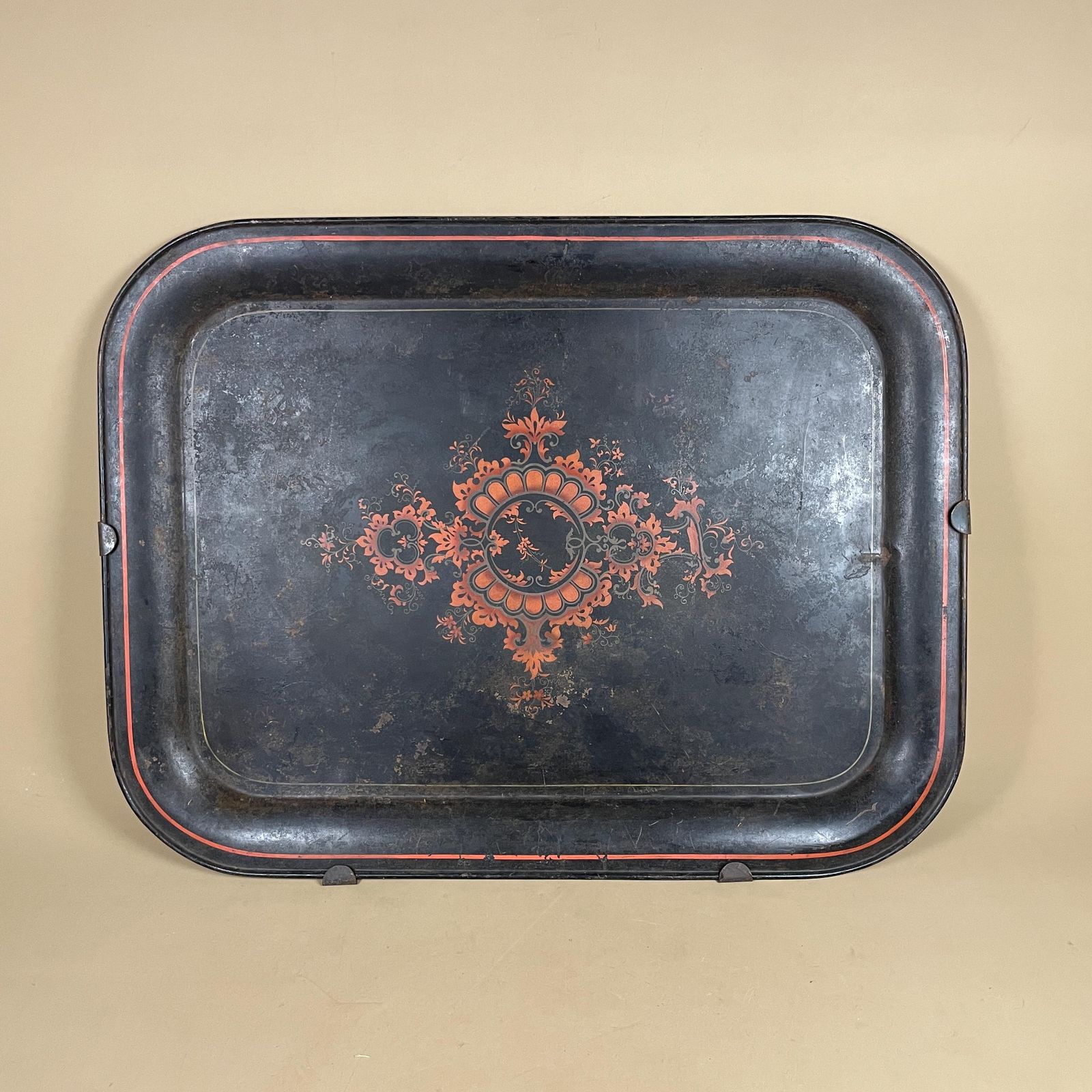 Antique Metal Serving Tray Large Black Red Toleware Tin Wall Art Platter Victorian Gothic Home Decor Primitive Tea Butler Tray