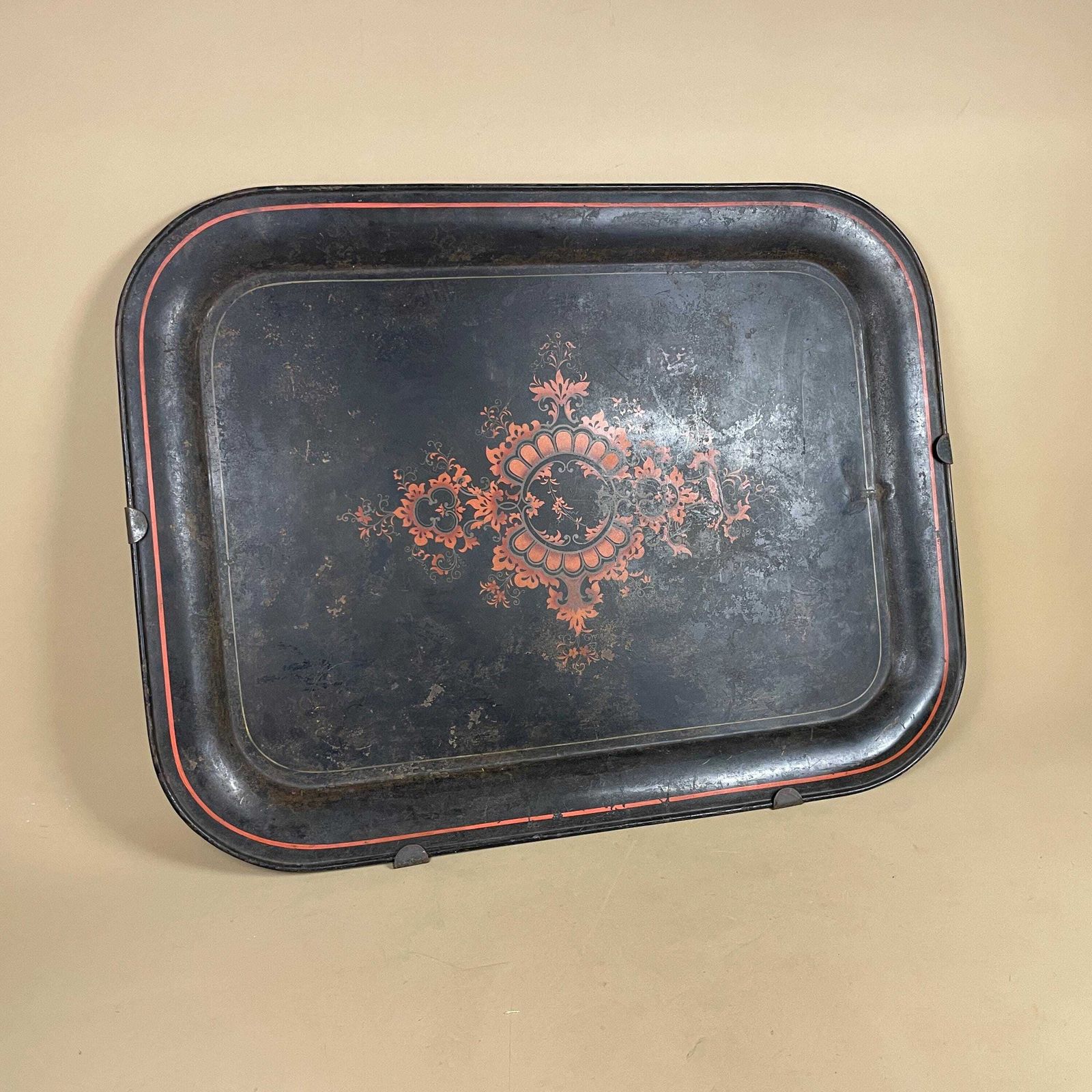 Antique Metal Serving Tray Large Black Red Toleware Tin Wall Art Platter Victorian Gothic Home Decor Primitive Tea Butler Tray photo furniture