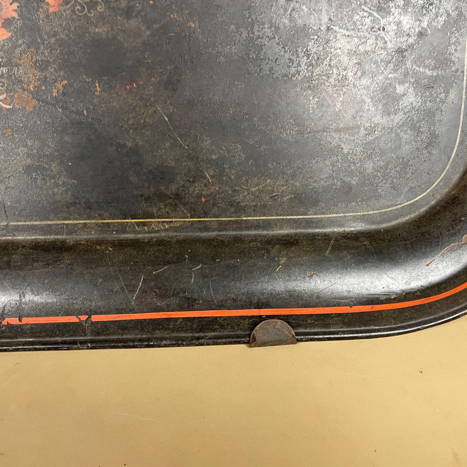 photo for sale Antique Metal Serving Tray Large Black Red Toleware Tin Wall Art Platter Victorian Gothic Home Decor Primitive Tea Butler Tray