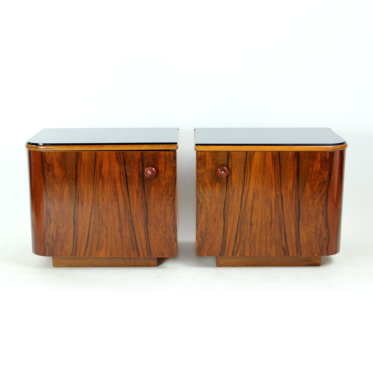 Pair Of Art Deco Bedside Tables In Walnut And Black Glass, Czechoslovakia, 1940s