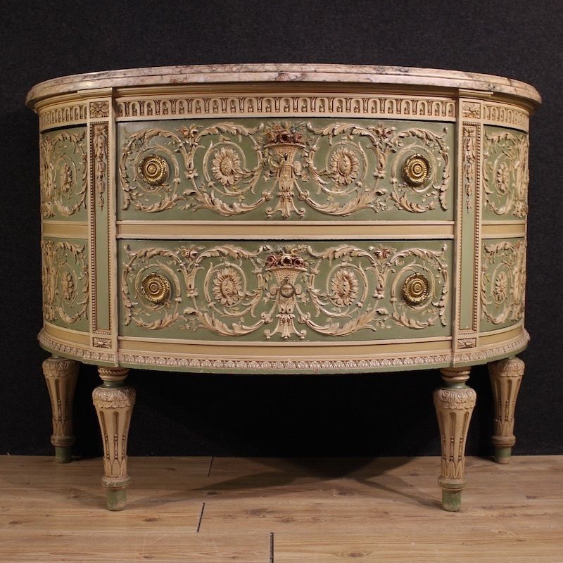 Commode demi-lune de style Bonzanigo, Louis XVI, XXe siècle, Italie photo for sale
