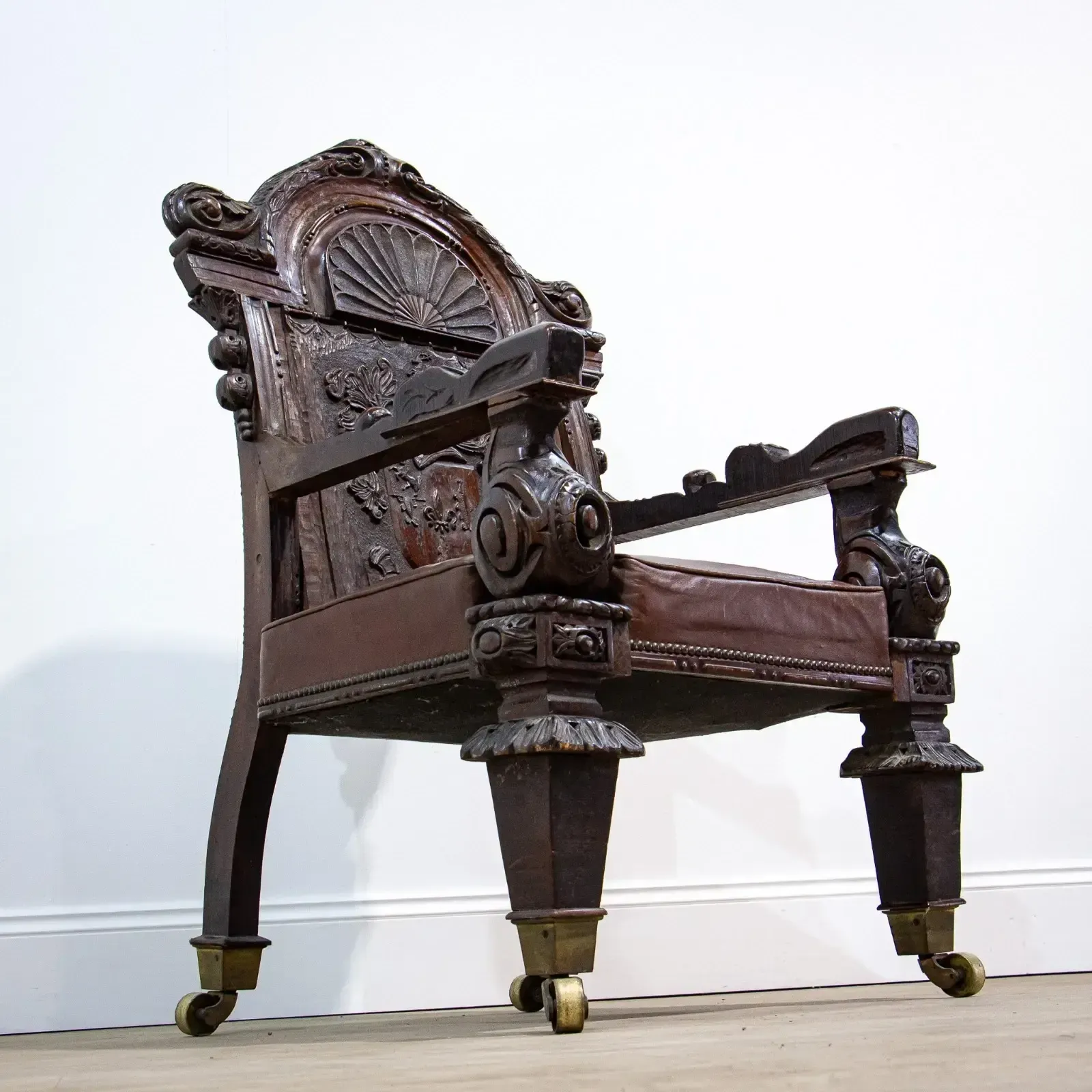 Carved Oak Throne Armchair With Leather Seat photo furniture