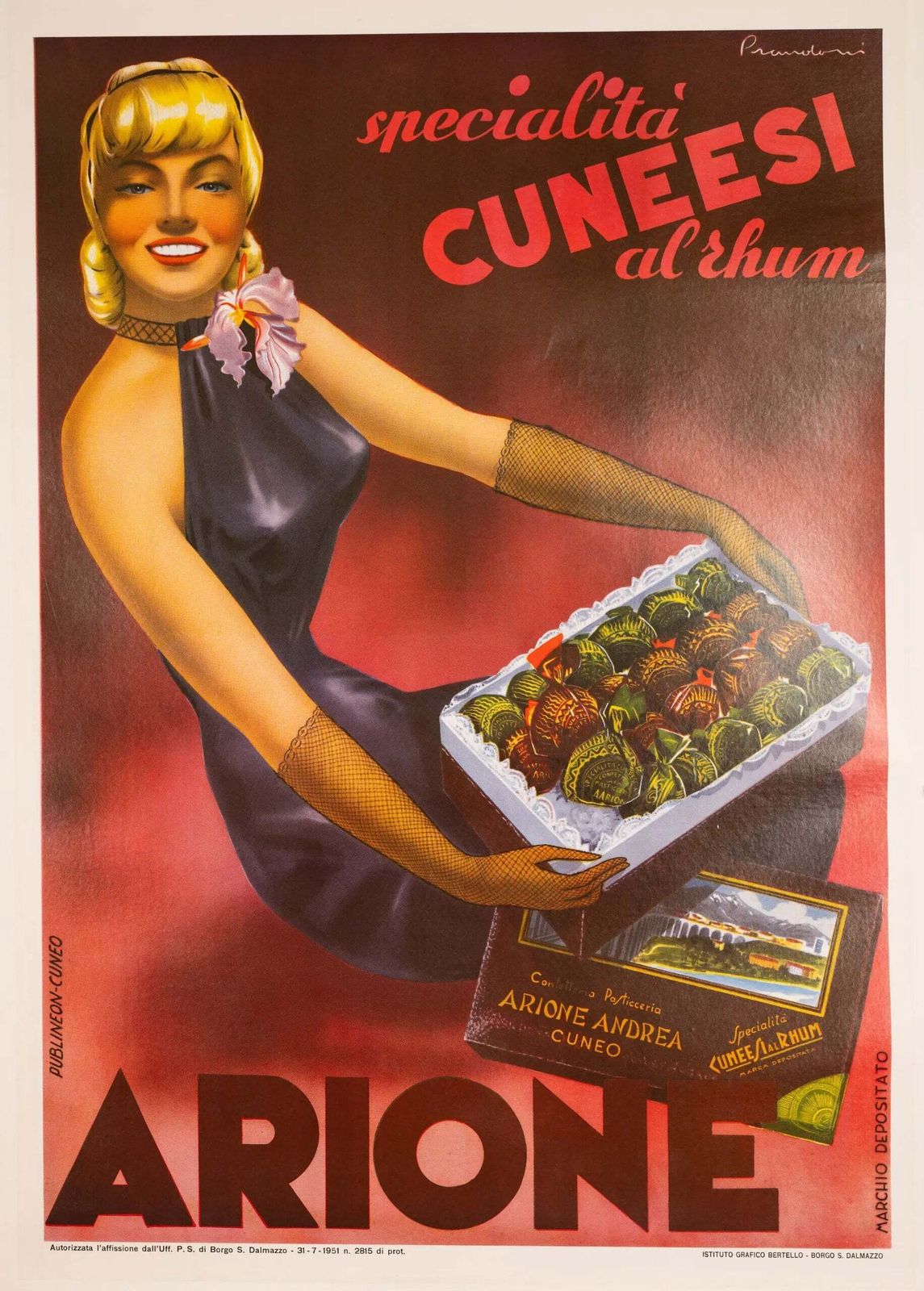 Affiche publicitaire italienne Arione Cuneesi, chocolat, 1951, par Carlo Prandoni