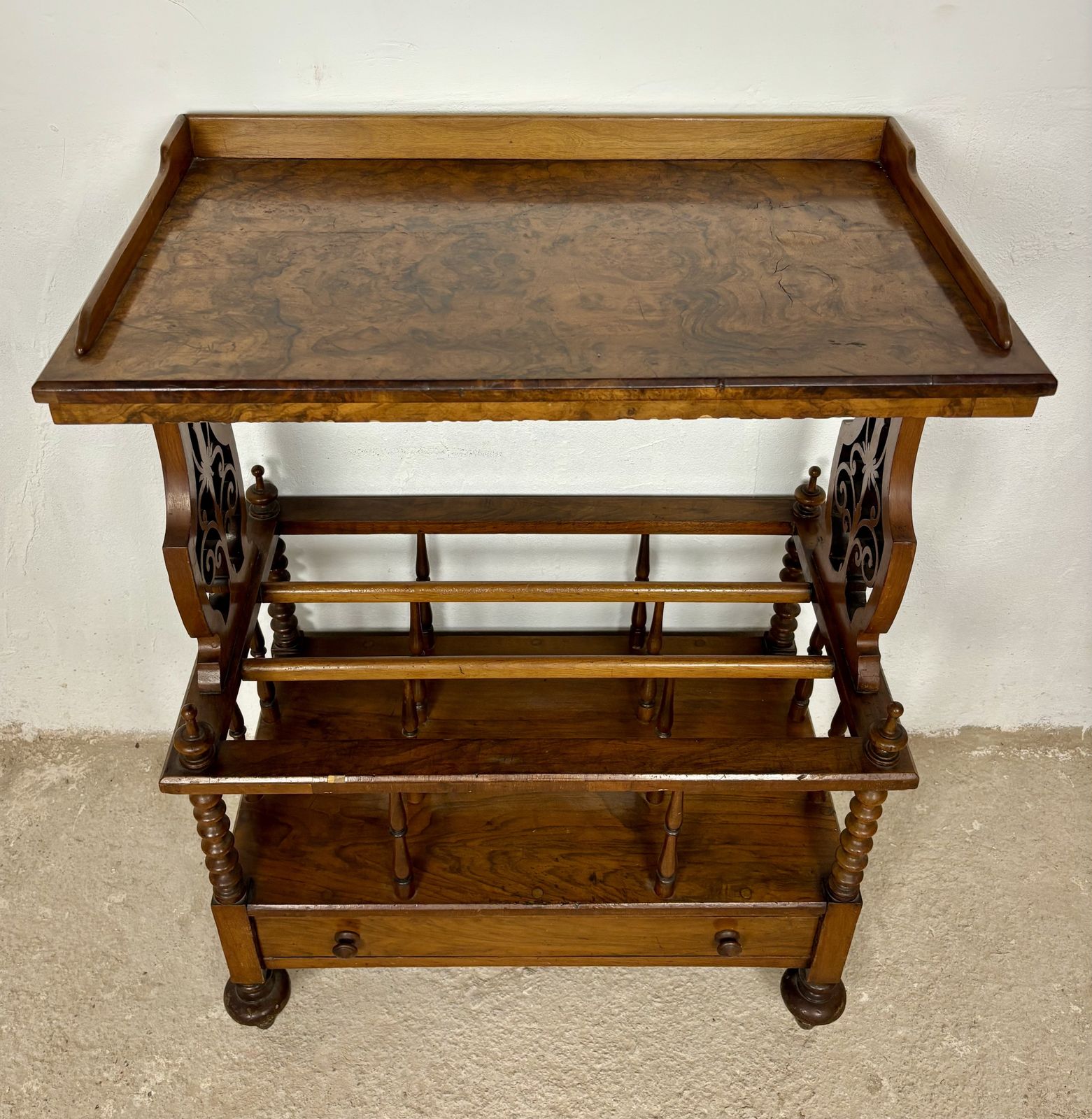 Victorian Walnut Canterbury Magazine Rack With Tray Top photo for sale
