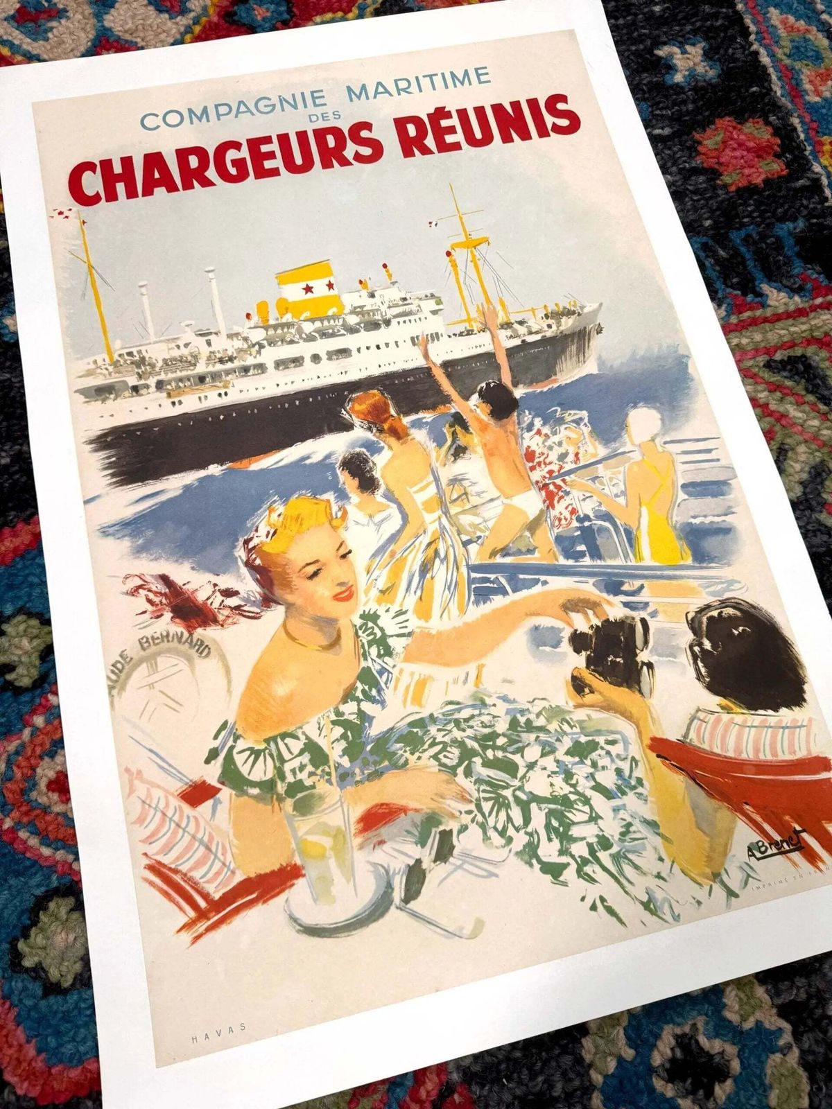 Lithografische reisposter Chargeurs Reunis, Franse maritieme kunst, 1950 photo for sale