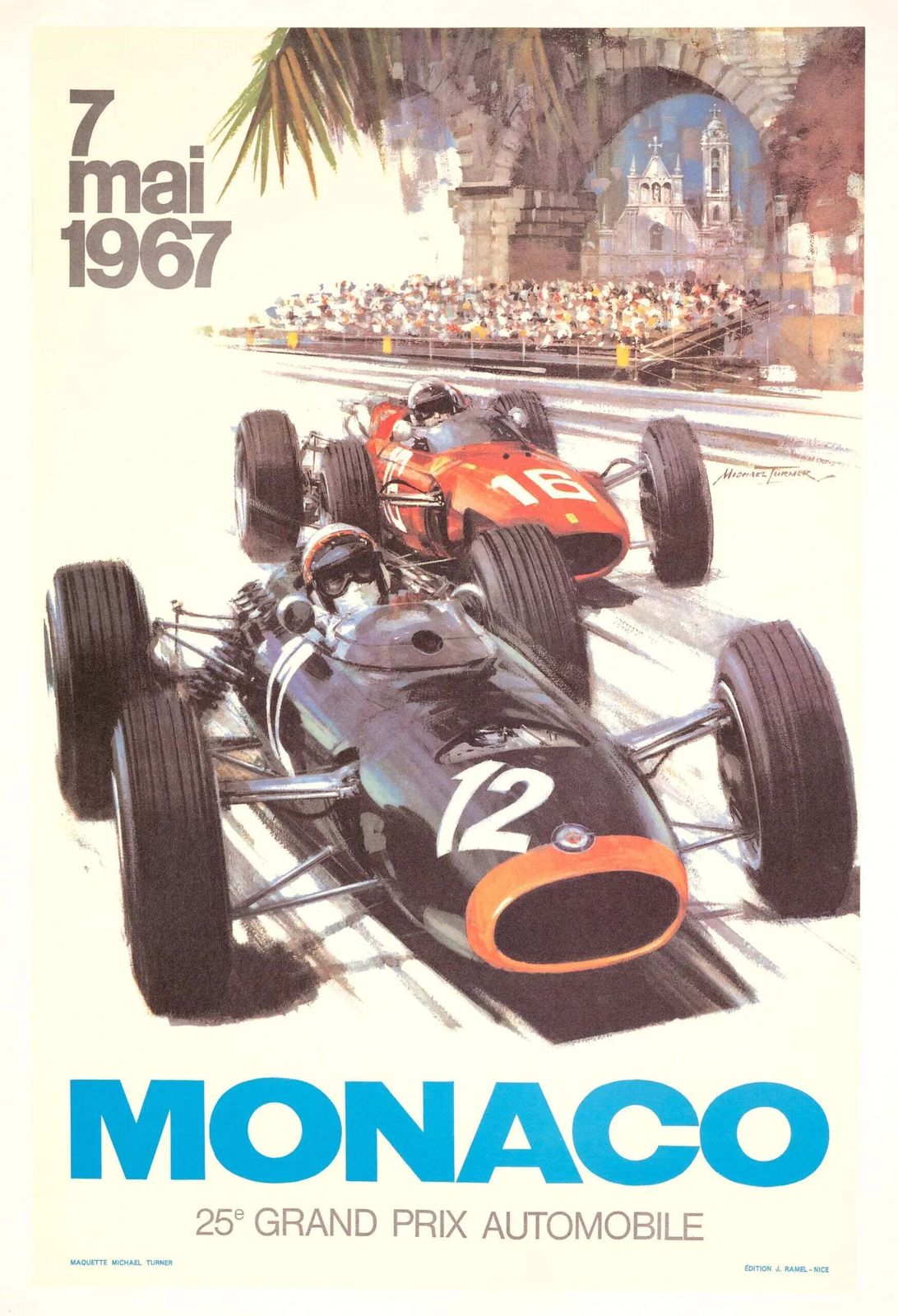 Affiche vintage du Grand Prix de Monaco 1967, lithographie sur lin, par Michael Turner