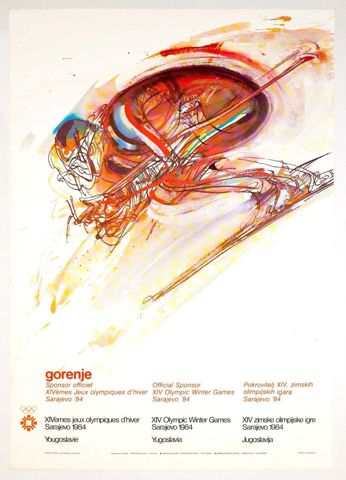 Original 1984 Sarajevo Winter Olympics Downhill Racer Poster By Mujezinović