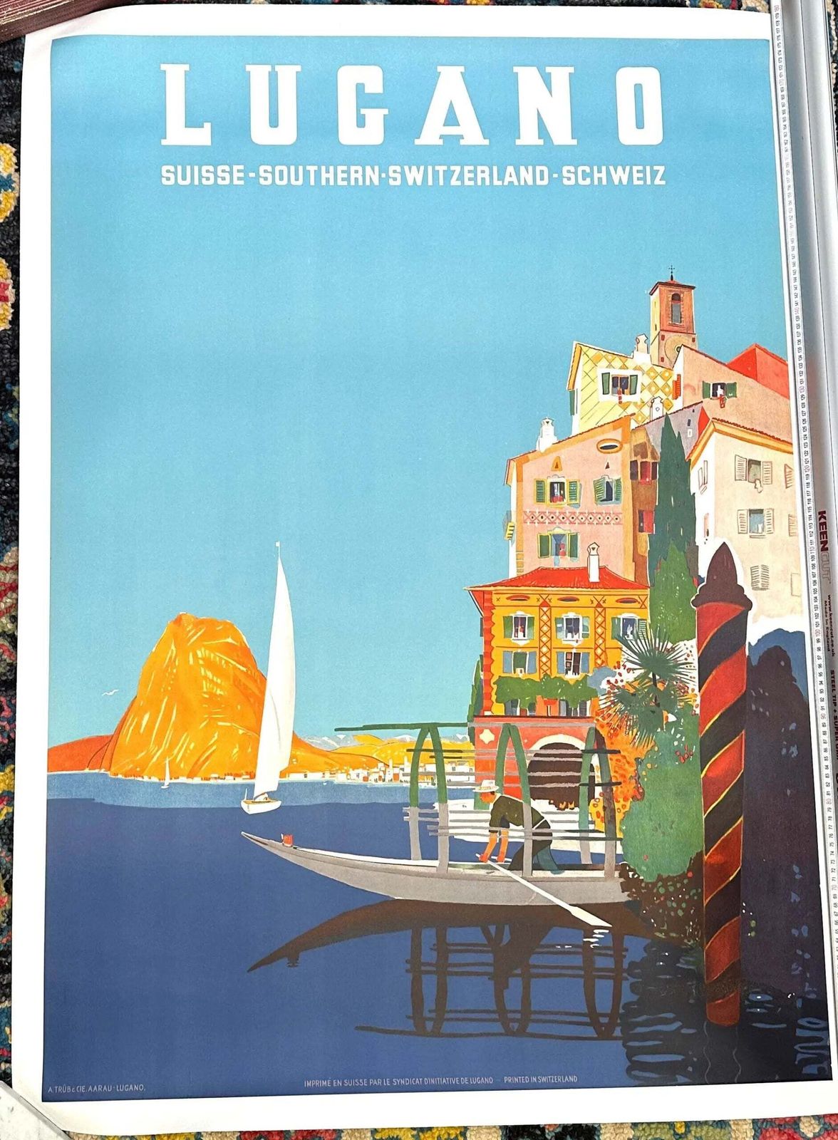 Affiche de voyage suisse vintage Lugano, 1952, par Daniele Buzzi photo vinterior