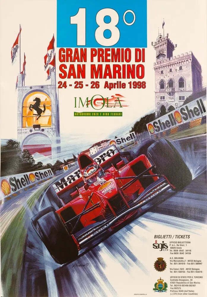1998 San Marino Grand Prix Vintage Automobile Racing Poster Michael Turner