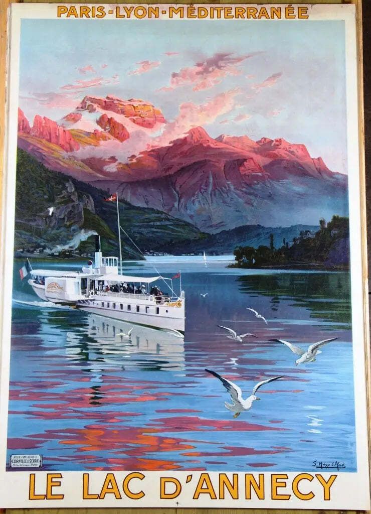 Affiche lithographique sur pierre originale Hugo D'Alesi, Lac d'Annecy, vintage, vers 1900