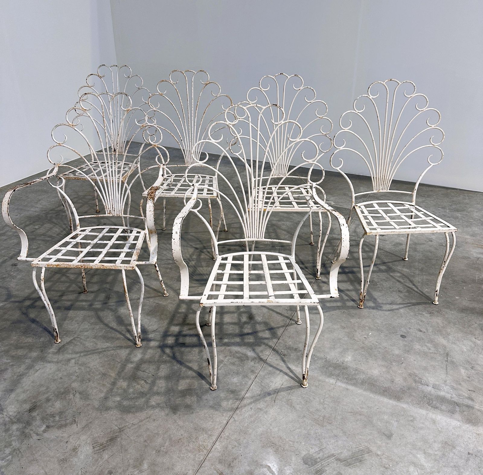 Rare Exquisite Set Of Six French Peacock Garden Patio Chairs, 1950s