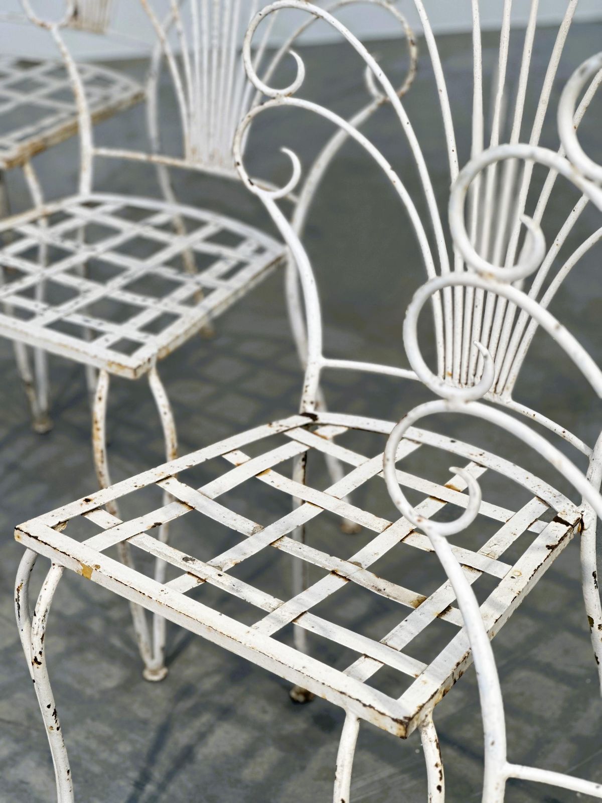 Zeldzame set van zes Franse pauwenstoelen voor tuin of terras, ca. jaren 1950 photo buy
