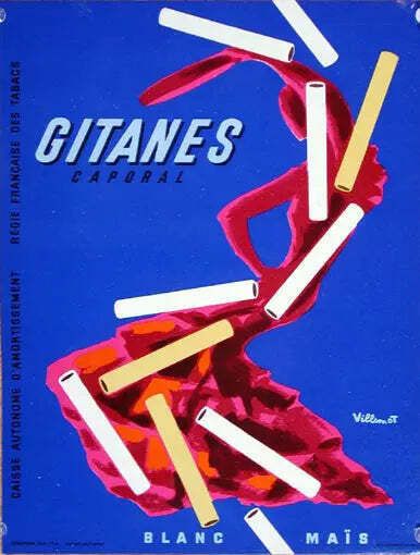 Affiche lithographique vintage Bernard Villemot Gitanes 1980, sur toile de lin