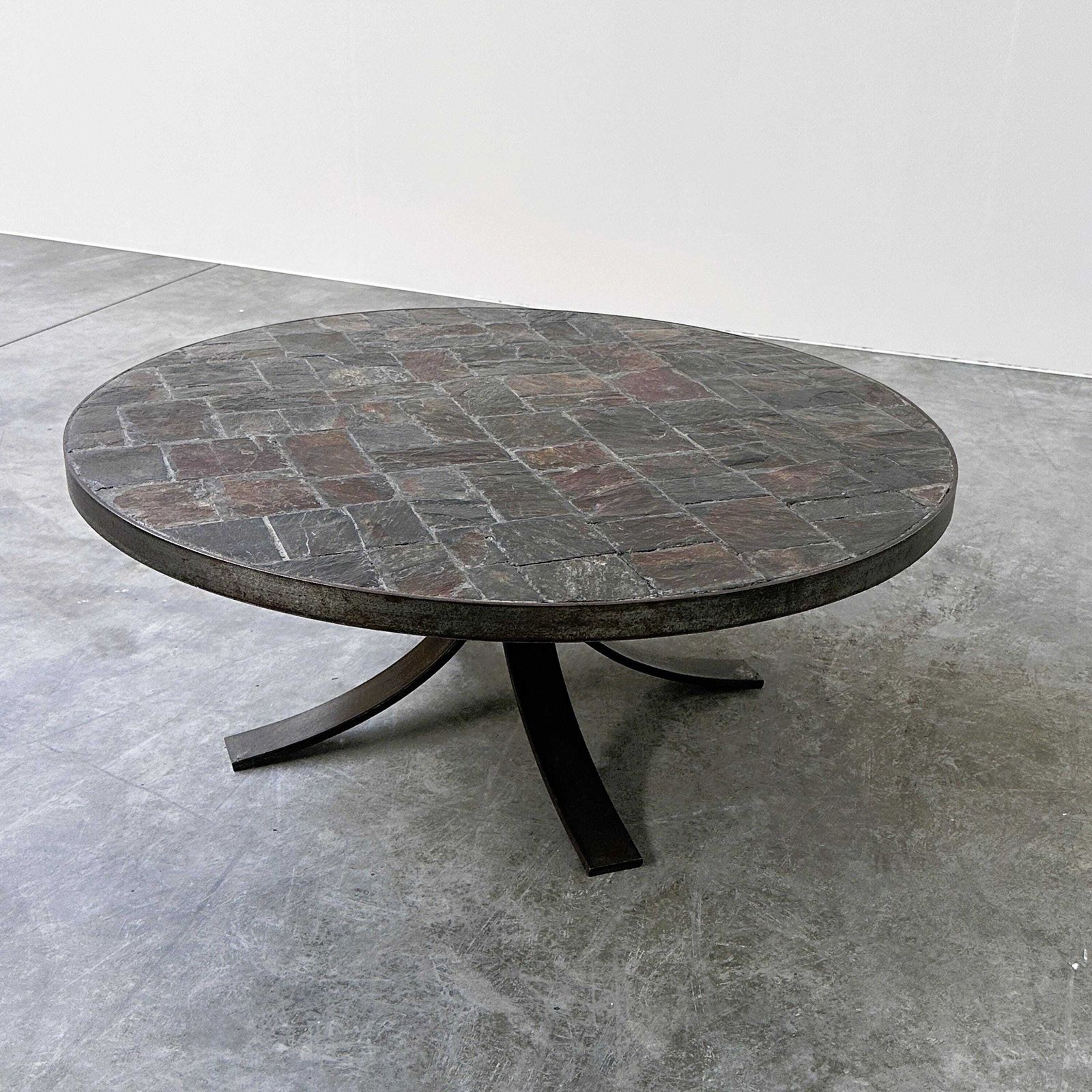 1970s Round Slate Stone Mosaic Coffee Table With Sculptural Metal Base photo for sale