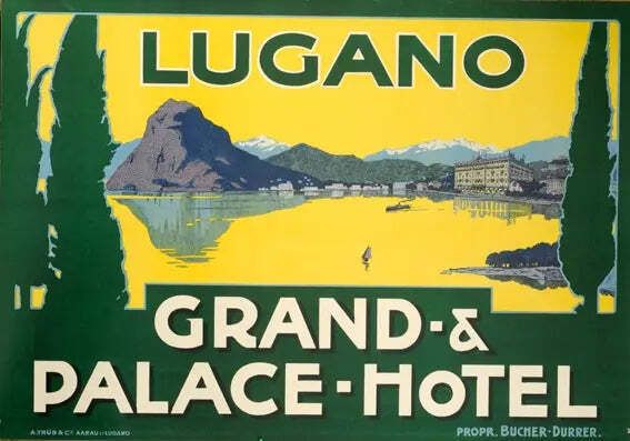 Grand Palace Hotel Lugano, vintage art deco lithografieposter uit 1930
