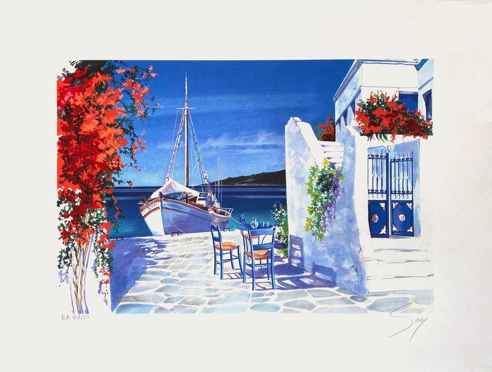 Lithographie signée André Savy Alias Bongibault, Grèce - Un coin du port, 1995