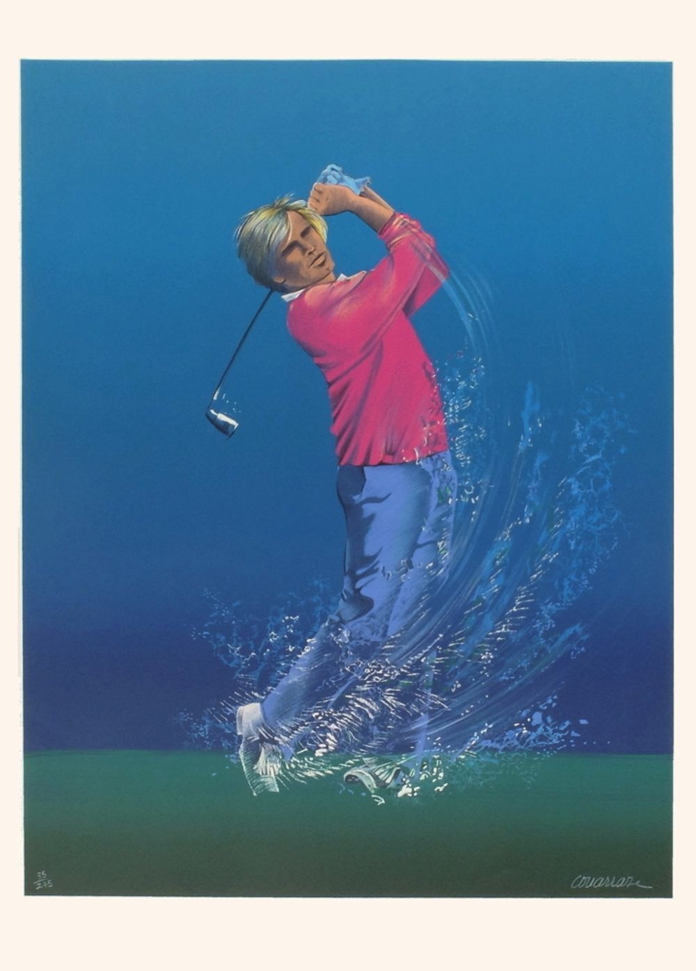 Lithographie signée Jean Pierre Couarraze, Le Golfeur, 1985