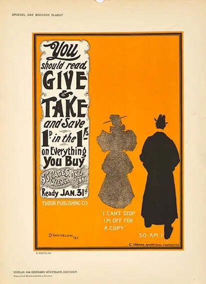 Antique 1897 Whitelaw Give And Take Art Nouveau Stone Lithograph Print