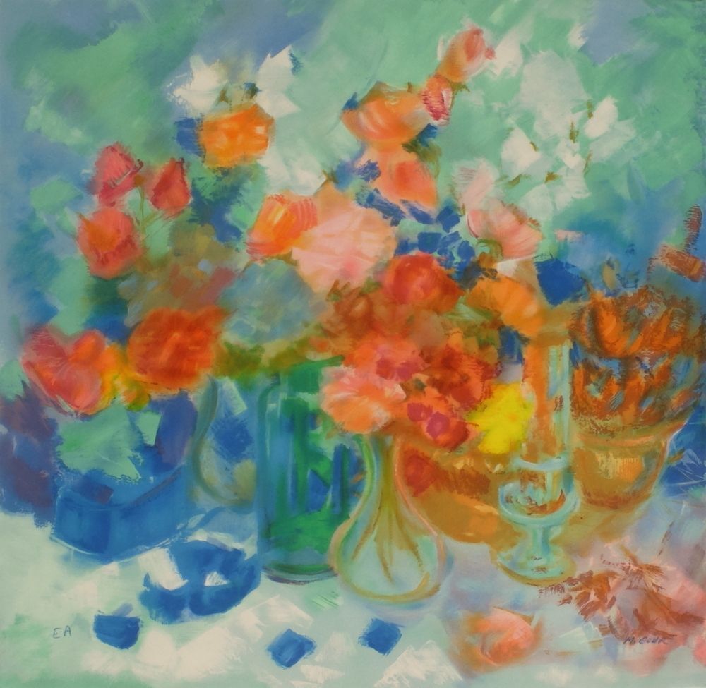 Lithographie signée Michèle Gour, Fleurs, 1990