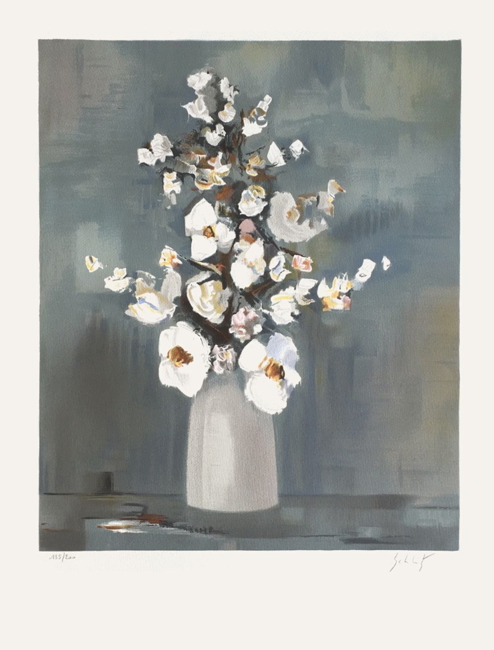 Lithographie signée Franz Schlitz, Bouquet de fleurs blanches, 1985