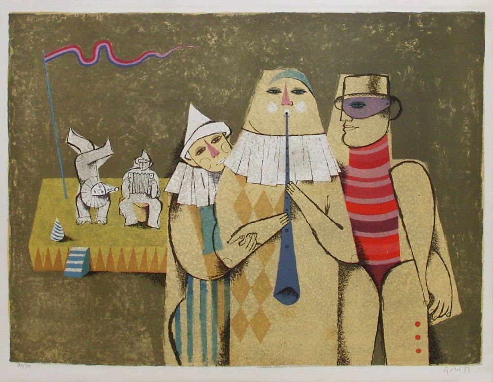 Samy Briss Gesigneerde Lithografie Les Saltimbanques L'estrade 1977